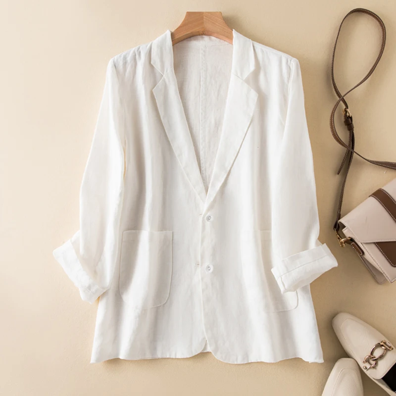 코튼 린넨 블레이저 탑 여성 우아한 자켓 가을 긴 소매 턴 다운 넥 솔리드 오버 사이즈 코트 빈티지