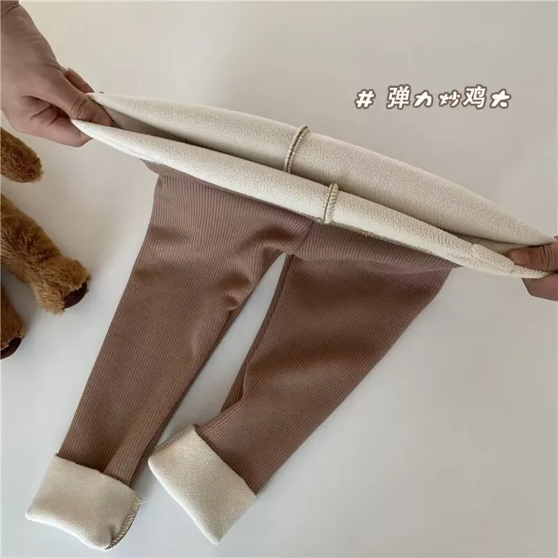 Autumn and Winter New Children\'s Integrated Cashmere Leggings Boy Girls Simple Fashion Plus Cashmere Warm Cartoon Stretch Pants