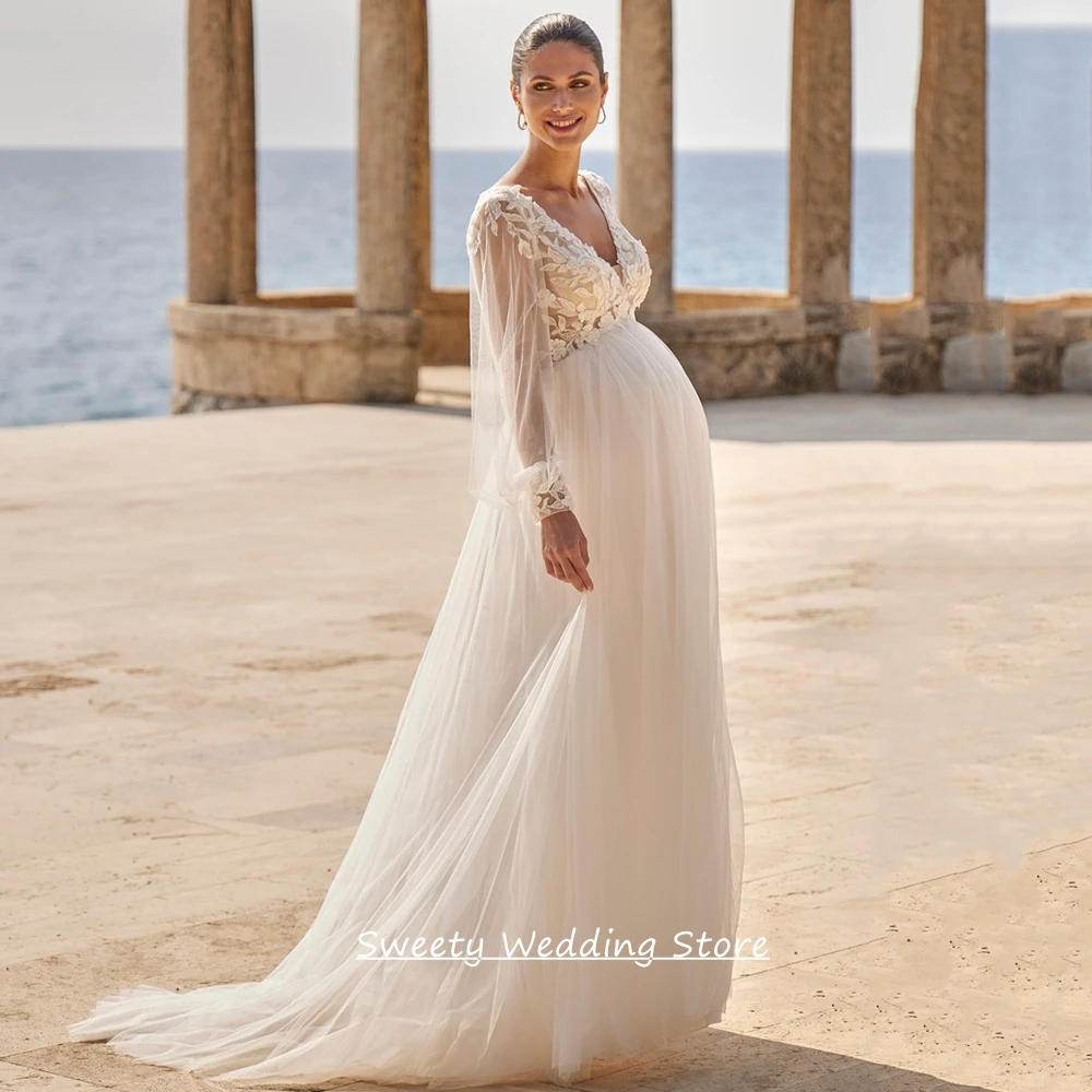 Sexy Brautkleider für Schwangere, maßgeschneidert, V-Ausschnitt, Puffärmel, durchsichtige Applikation, Empire-Brautkleid, Korsett-Hochzeitskleid