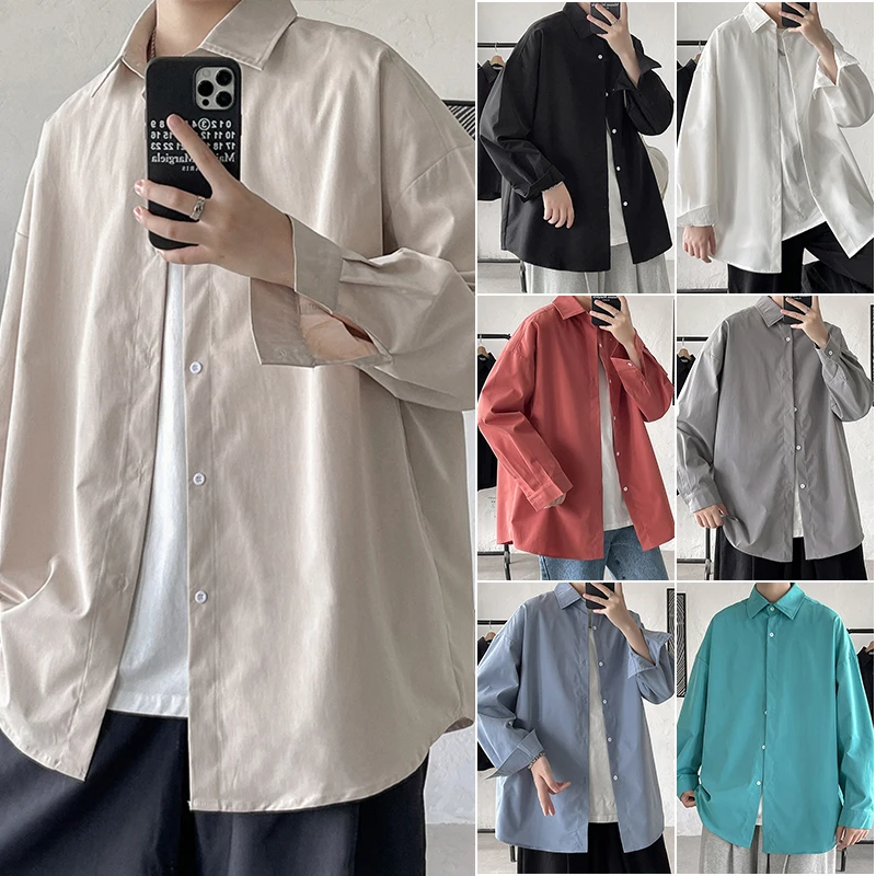 

Long Sleeve Men's Shirt Pure Color Loose Fit Hong Kong Style Retro Japanese Trend Spring Autumn Casual Button down Coat