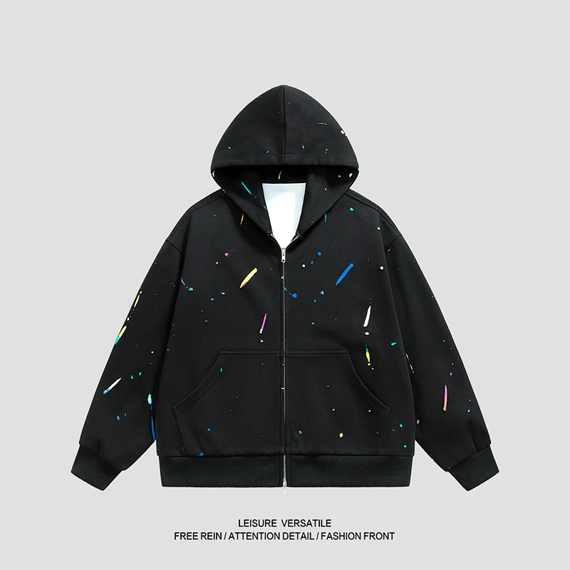 

Негабаритная толстовка на молнии с нестандартными брызгами краски — унисекс в уличном стиле, мягкая хлопчатобумажная ткань и удобная повседневная одежда для всех