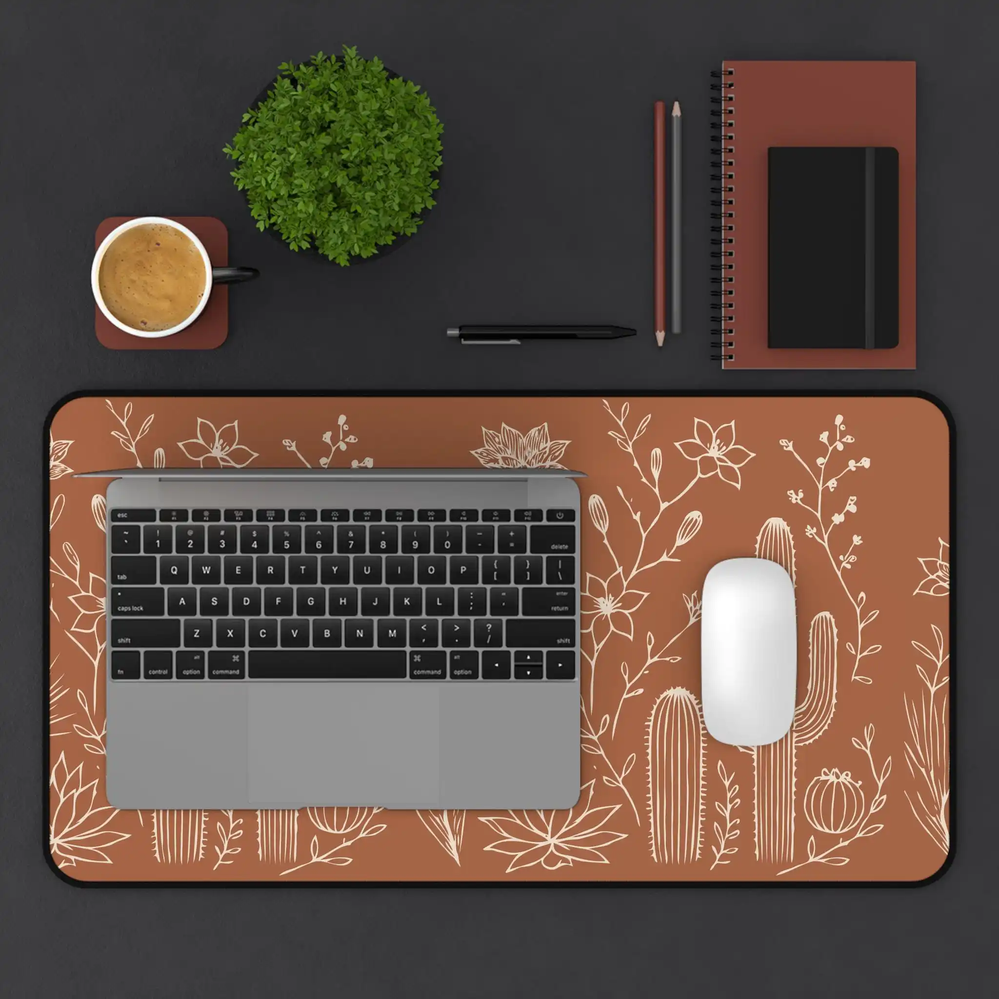 Botanical Mousepad, Featuring Minimalistic Off White Botanical Sketches and Iconic Cacti on Warm Terra Cotta,Gaming Mouse Mat