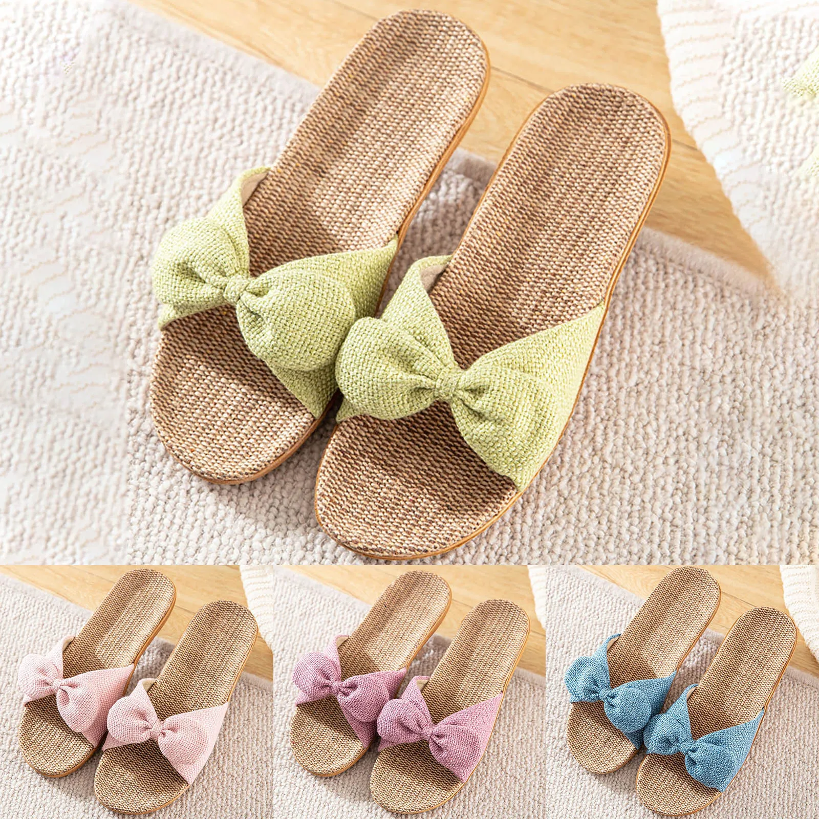 Women's Summer Home Indoor Non Slip Color Linen Flat Bottom Comfortable Slippers