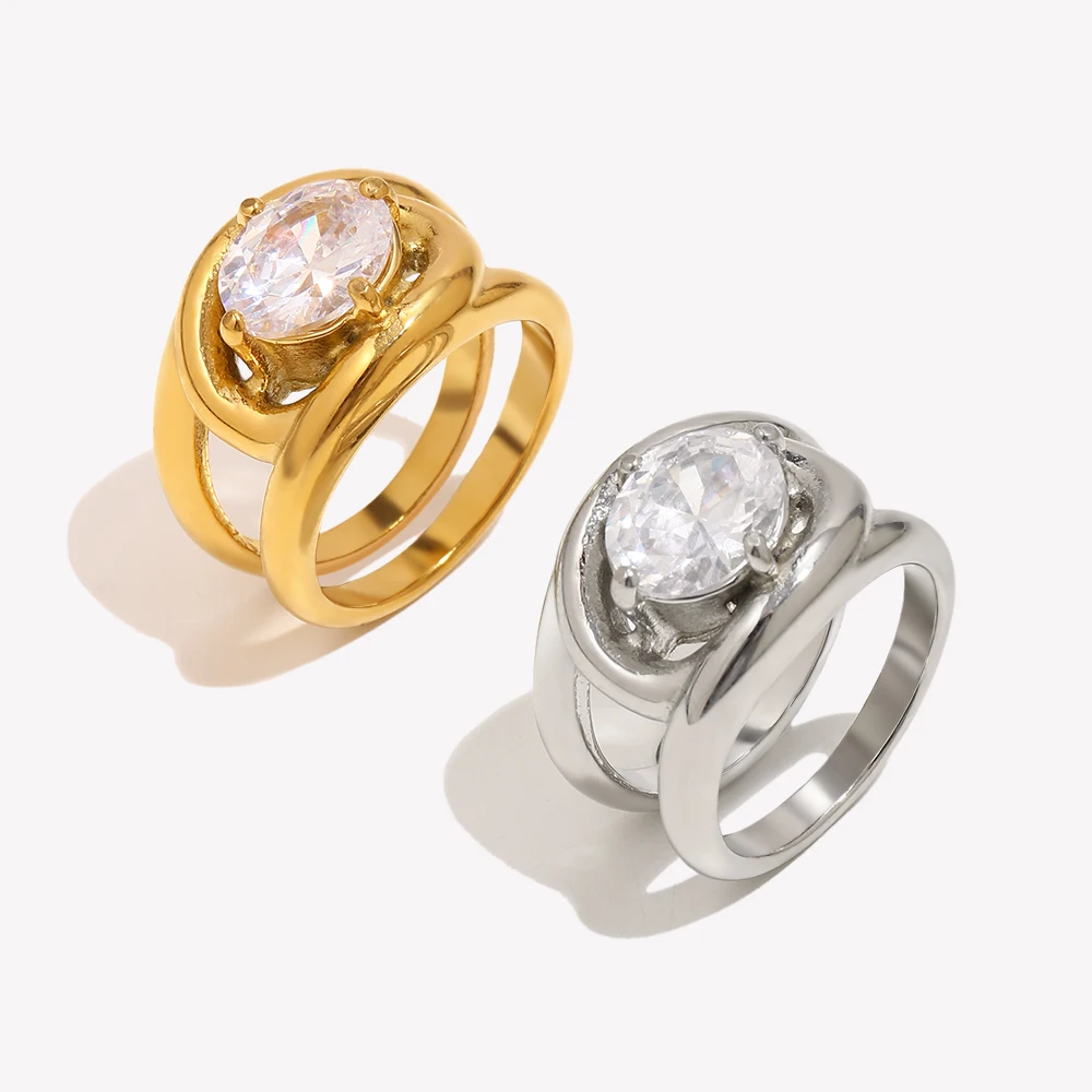 E.B.belle 18K Gold Plated Zircon Double Layered Rings Stainless Steel Anti-Tarnish Ring Fashion Retro Jewelry For Women Gift
