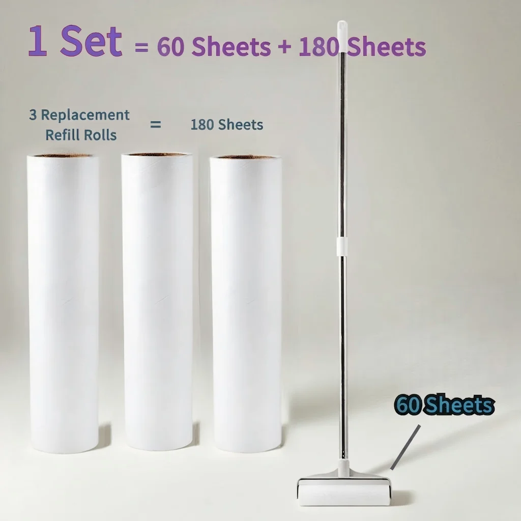 1 ensemble (3 rouleaux de recharges de papier adhésif de remplacement + 1 rouleau anti-peluches à long manche). Équipé d'un rouleau élargi de 16/19/24 cm