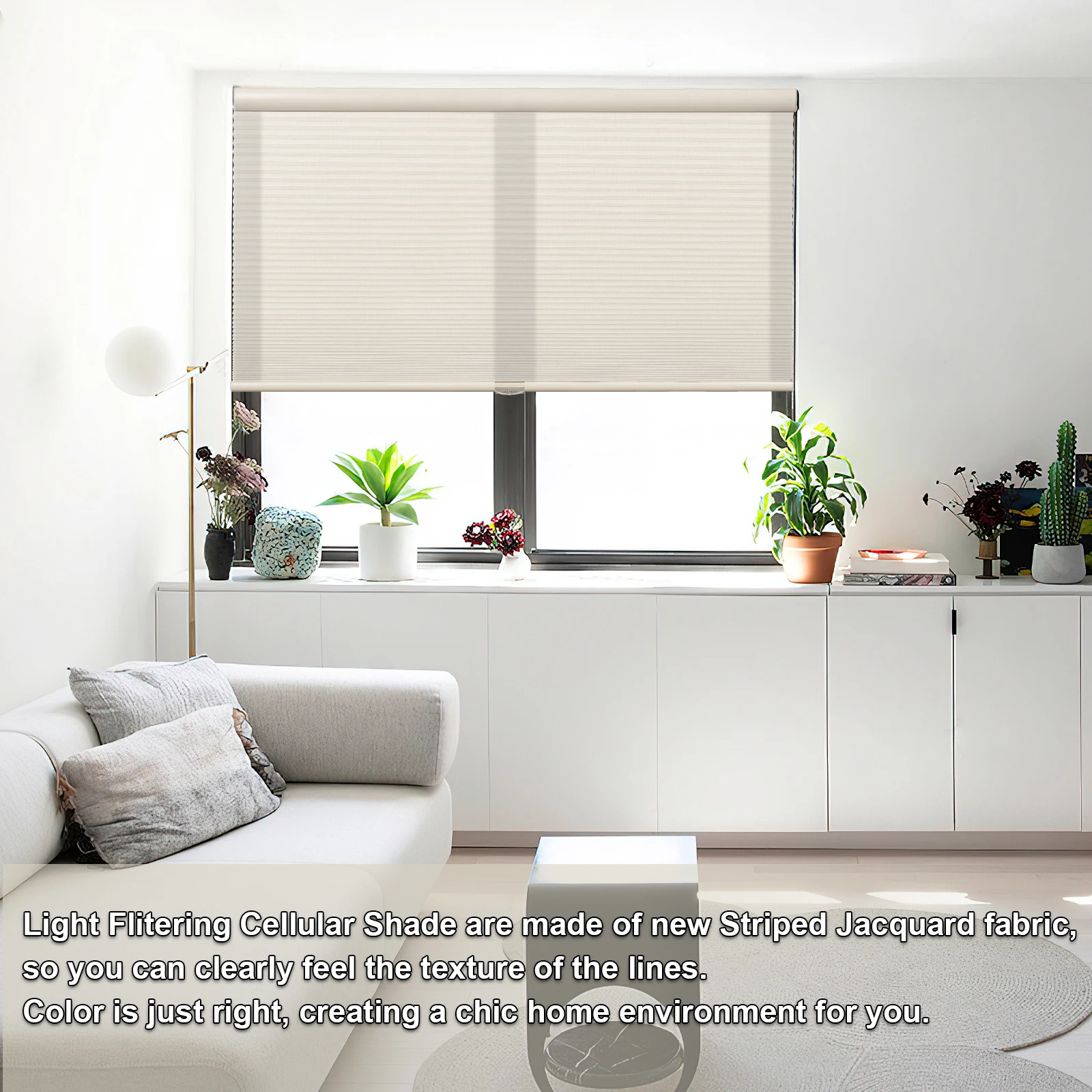 Moonice Cordless Cellular Honeycomb Shades Light Filtering Blinds for Windows Customized Striped Jacquard Privacy Window Shades