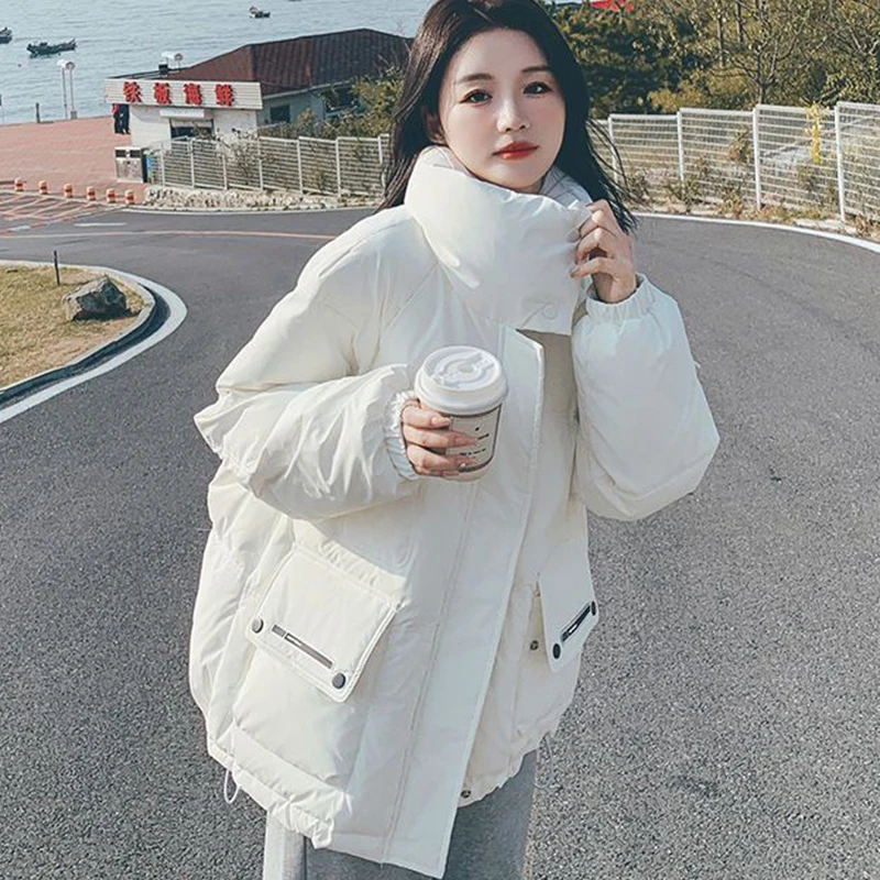 Solid Color Stand Collar White Duck Down Jacket 2023 Patchwork Pocket Zipper Bread Jacket Fashion Lightweight Couple Down Jacket