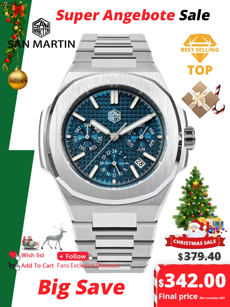 San Martin 43mm Miyota 9120 Multi-function Men Luxury Dress Watch Waffle Texture Dial Business Automatic Mechanical 10Bar BGW-9