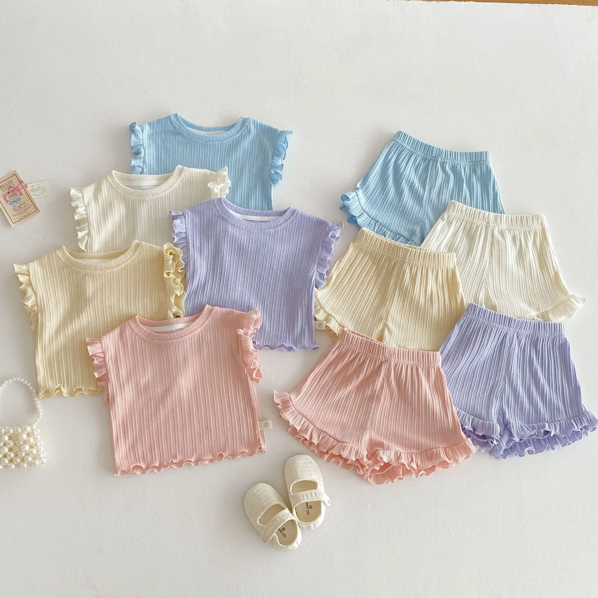 2025-summer-baby-solid-color-suit-girls-fungus-edge-vest-baby-foreign-style-korean-version-shorts-fashion-two-piece-set
