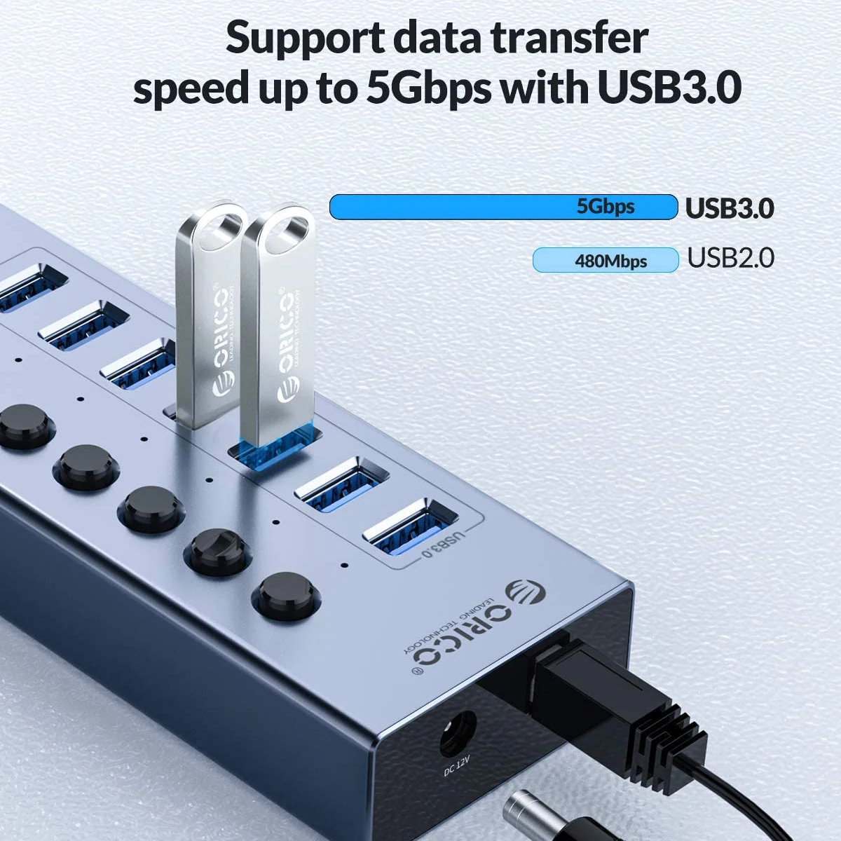 ORICO-Extension USB 62USB 3.0 HUB 7/10/13/16 Ports, avec interrupteurs marche/arrêt, adaptateur secteur 12V, support BC1.2, répartiteur de charge