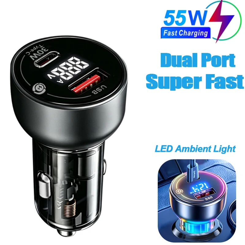 55W Car Charger PD 30W Quick Charging Adapter with LED Ambient Light Digital Display Car Cigarette Lighter Auto Accessories