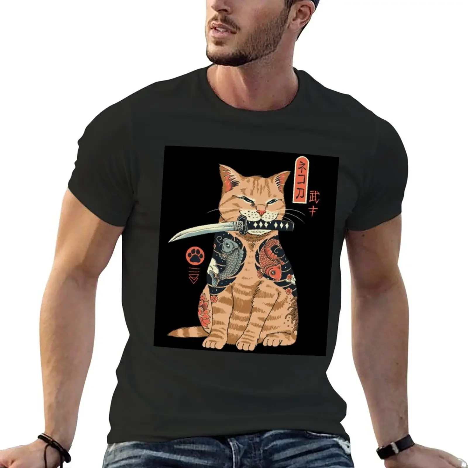 

Katana cat vintage T-Shirt anime tshirt Aesthetic clothing mens fashion