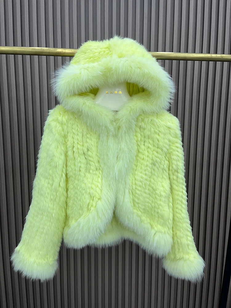 2025 패션 여성 천연 토끼털 코트 니트 리얼 폭스털 후드 재킷 오버코트 의류