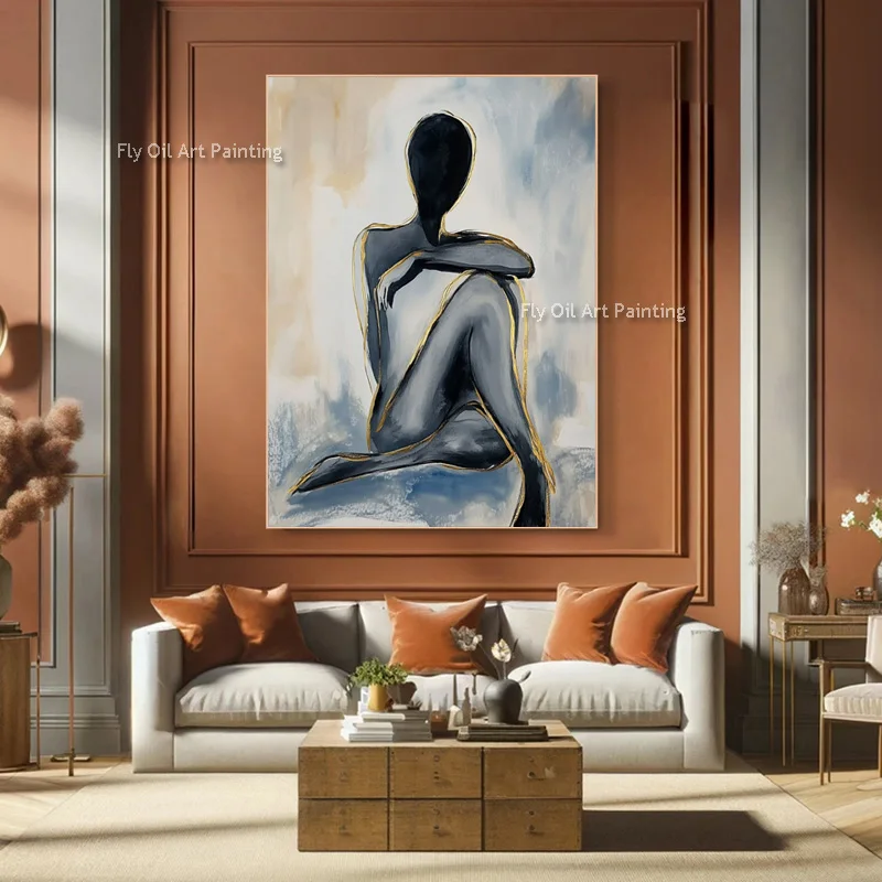 Simple Abstract Artwork Handpainted Grey Beige Couple Hug Canvas Thick Oil Painting New Popular Blue Grey Home Wall Decor Items