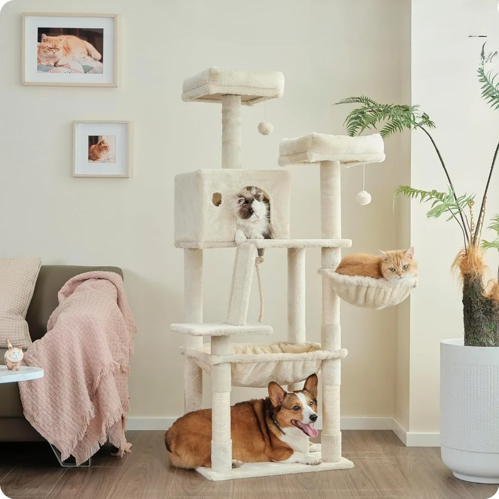 

Two Padded Perches, Large Condo with Window Cat Indoor, Kitten, Steel Framed Hammock, Scratching Post and ramp, Fluffy Basket