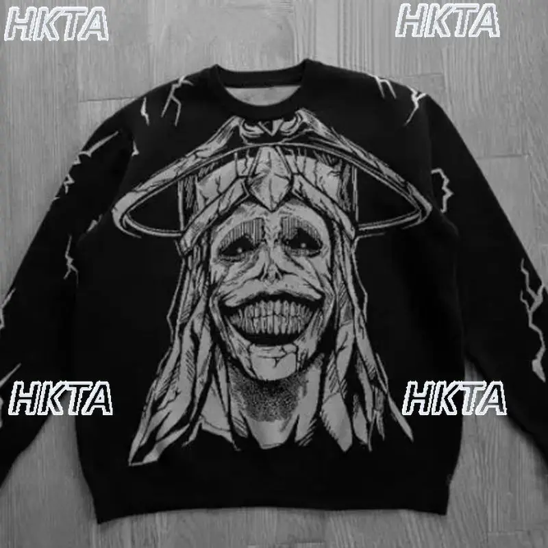 

European American Style Y2k Outerwear Oversized Pullover Hip Hop Animal Jacquard Knit Sweater Women and Man Black Warm Knitwear