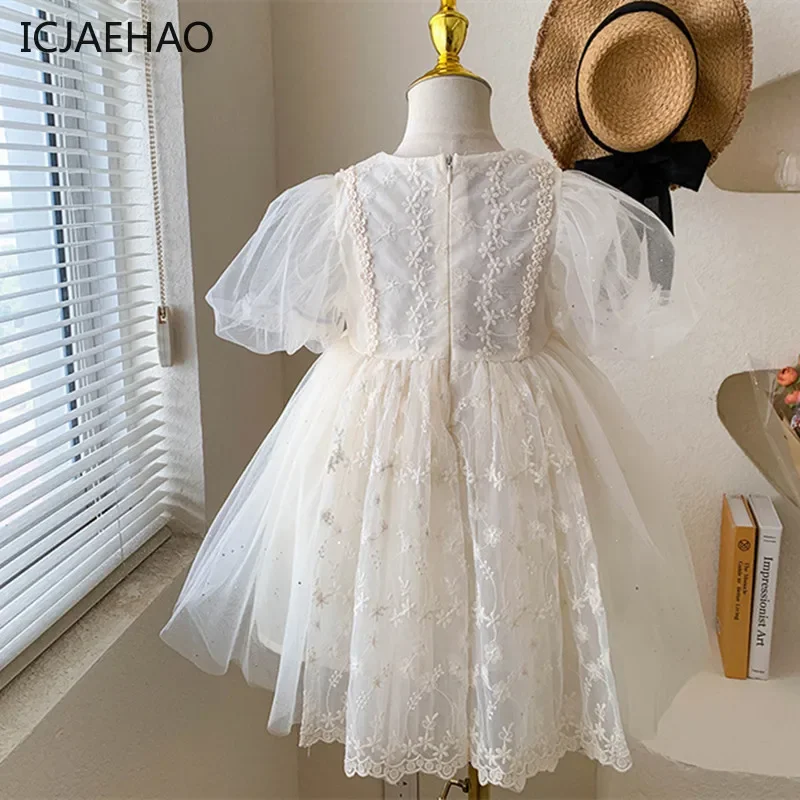 ICJAEHAO 2024 Solid Flowers Embroidery Children Party Spain Gown Girls Princess Dress Bridesmaid Clothes Wedding Elegant Tulle