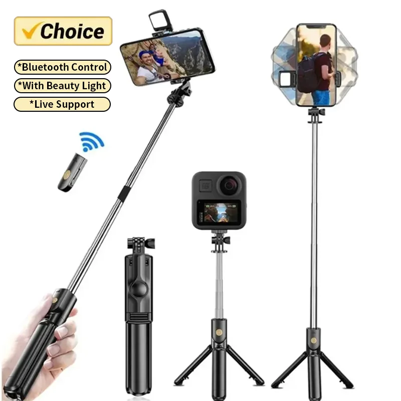 Vara Selfie extensível sem fio com luz, suporte para tripé, controle remoto Bluetooth, iPhone, celular, Tiktok, transmissão ao vivo