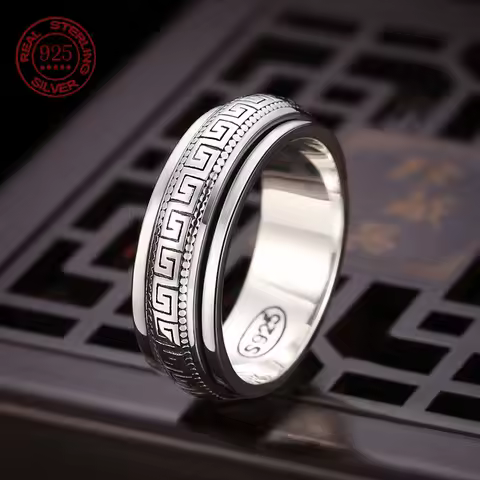 Factory Price S925 Sterling Silver Great Wall Pattern Spinner Ring Men Women Real Silver Double-layer Rotatable Rings Jewelry