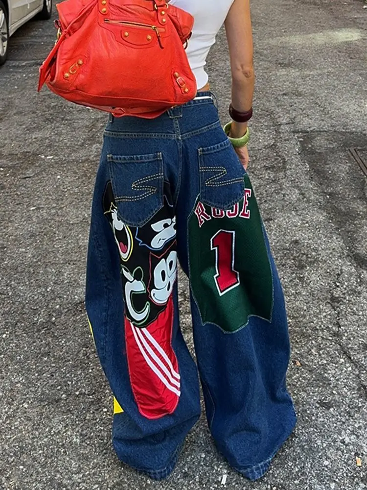 جينز فضفاض مطبوع عليه رقعة قوطي ملابس نسائية جينز هاراجوكو عتيق عالي الخصر جينز أزرق واسع الساق للنساء سروال