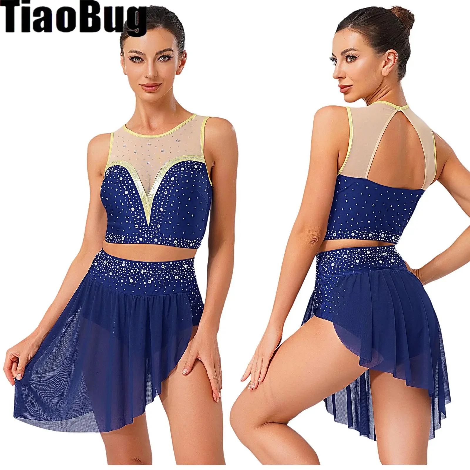 

Women Lyrical Dance Outfits Sleeveless Back Hollow Out Crop Tops And Irregular Skirt Rhinestone Modern Skating Ballet Dancewear