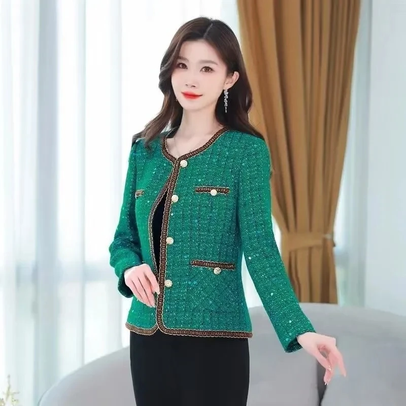 Spring Autumn Jacket Fashion Tweed Blazers Women New Elegant Office Lady Short Suit Coats O-Neck Cardigan Female Tops Outerwear