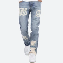 Jean Délavé Vintage avec Lettres Brodées pour Homme, Jean Déchiré Bleu, Droit, Effiloché, Streetwear, Hip Hop, Denim Unisexe, Fjj