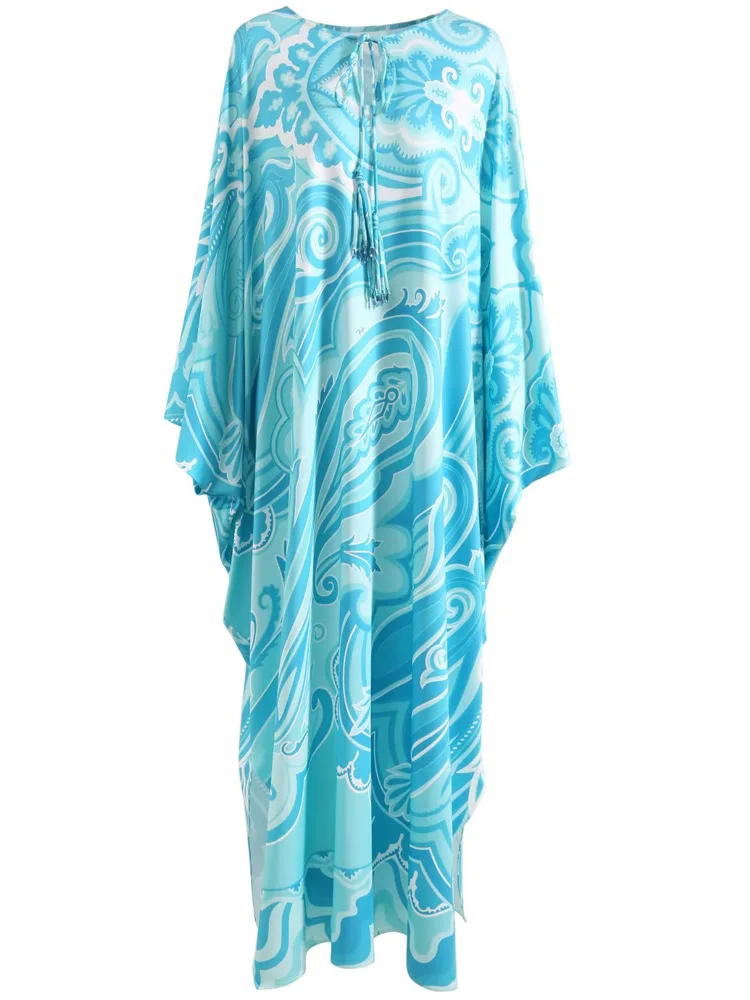 luxury designer inspired Summer Women Print Blue Kaftan Dress With Jessy Silk In High Quality Loose Long Maxi Dresses 2023 New F