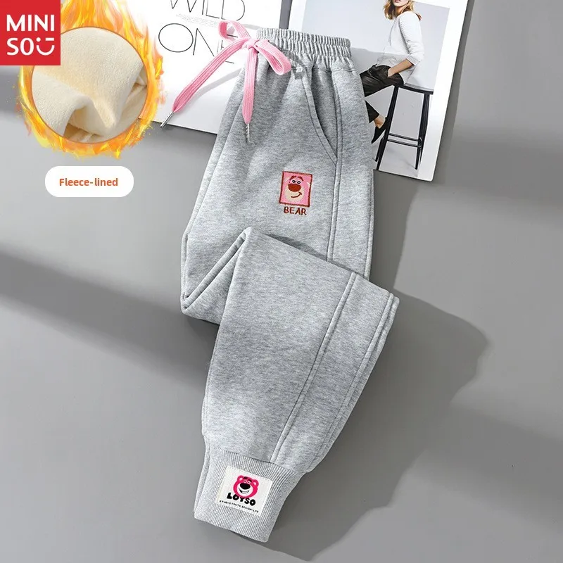 ركض مطبوع عليه دب للفتيات من مينيسو |   سروال مبطن بالصوف لطيف للأطفال والمراهقين، ملابس كاجوال