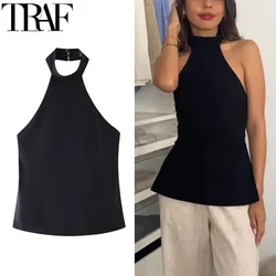 TRAF Halter Black Crop Top Woman Summer Off Shoulder Tank Tops For Women Streetwear Buckle Backless Top Sleeveless Short Tops