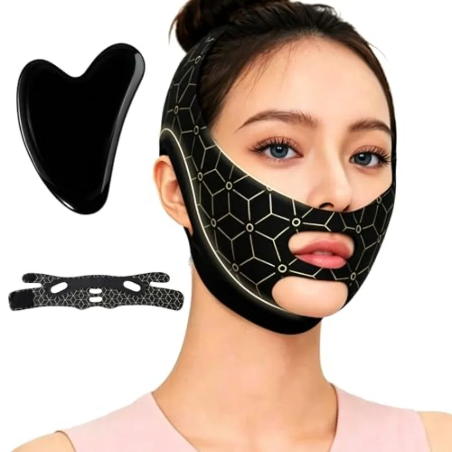 

V Line Lting Face Mask Set, Black Cin Strap wit Gua Sa Tool, Jawline ing Face imming Band, Facial Mas Kit, V S Face Wrap At- Be