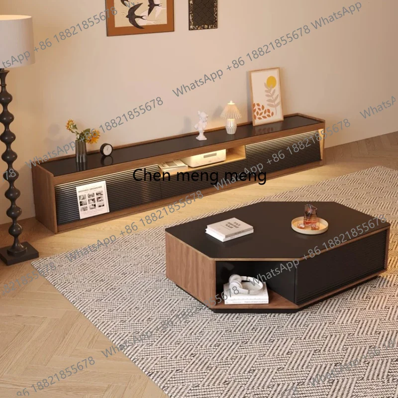 

Vintage-style TV cabinet, floor-standing living room home walnut stone board solid wood coffee table, combination TV cabinet