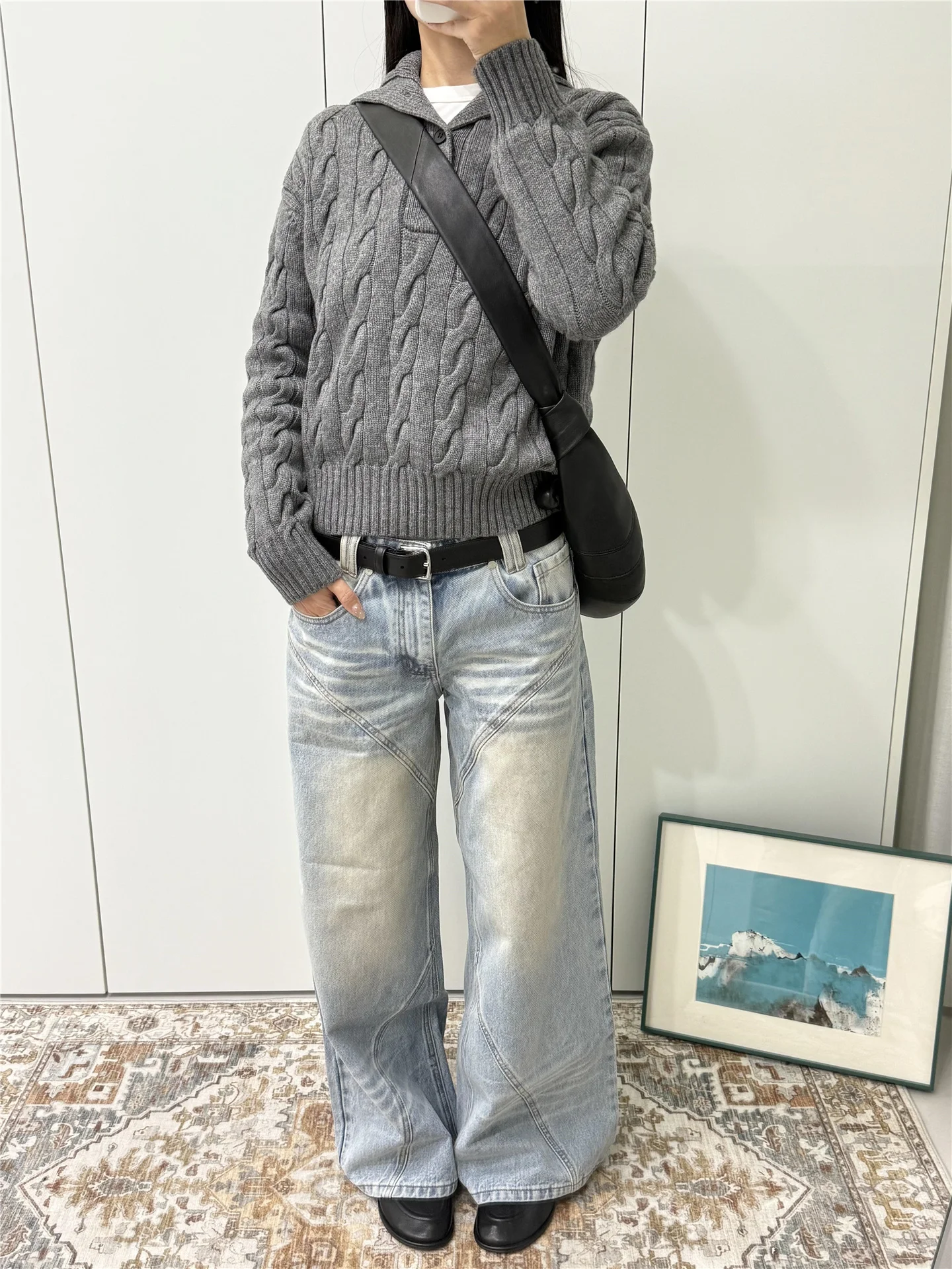 

Extended Length Slim Blue mid Low Waist Straight Leg Jeans Women Spring Loose Drapey Design Wide Leg Pants Casual Cotton