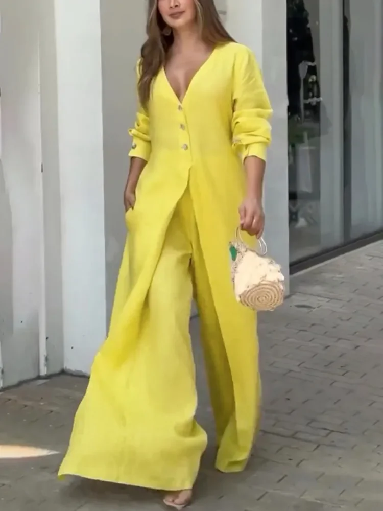 

Women's Solid Color V-Neck Long Sleeve Fake Two-Piece Wide Leg Jumpsuit Casual Vacation Outfit for Summer Beach & Office Wear