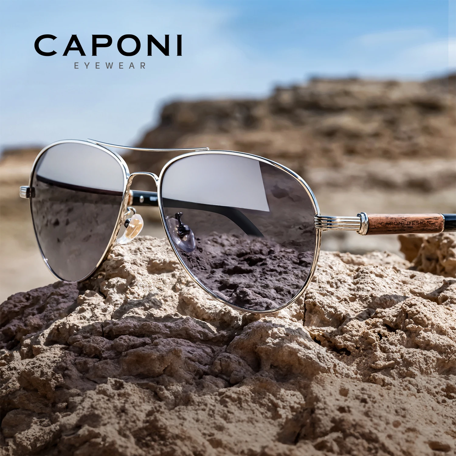 CAPONI Pilot Sunglasses Polarized UV400 High Quality Wooden Frame Sun Glasses For Men Luxury Brand Driving Eyewear Shades BS409