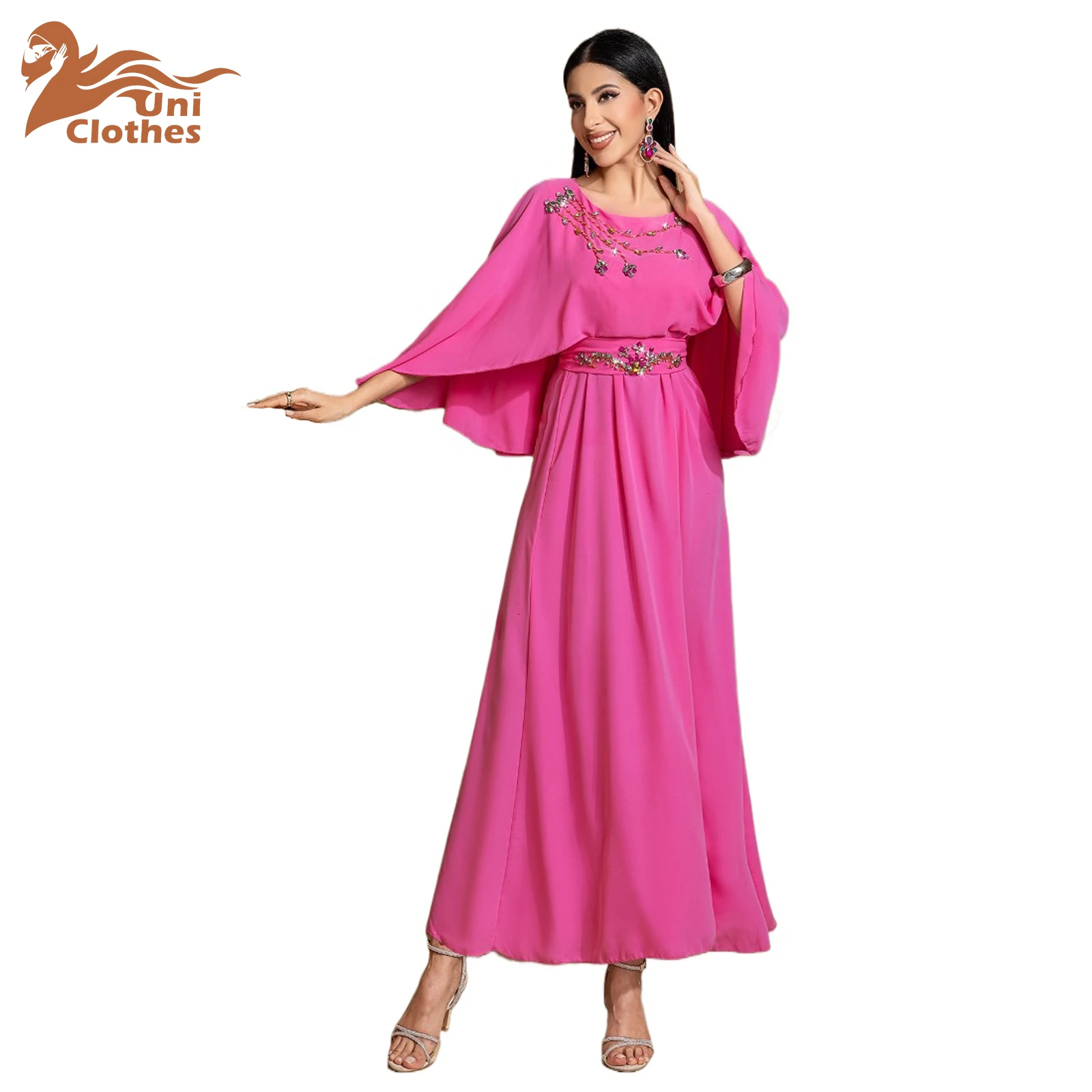 

UNI 2025 Fashion Women Shawl Dress Middle East Islam Robe Dubai Arabic Beading Abaya Femme Musulman Jalibaya Party Dress