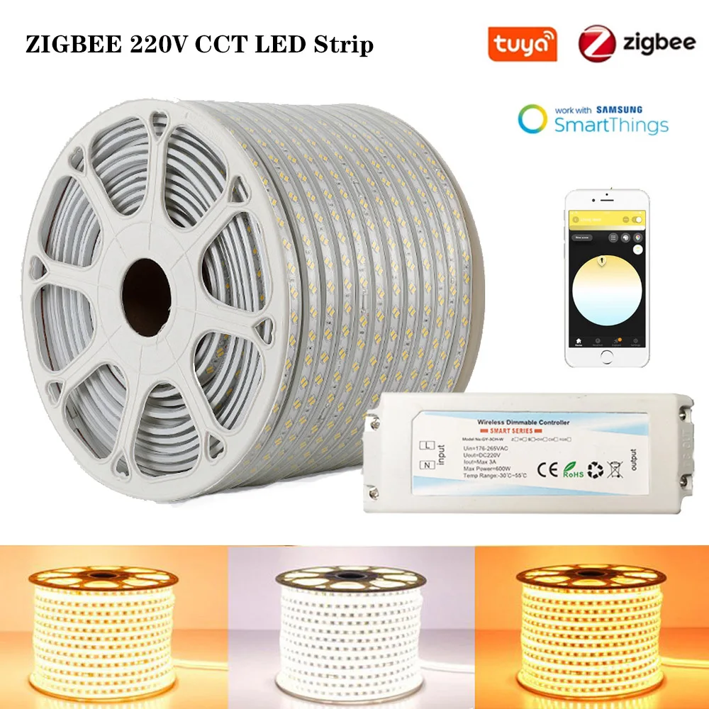 1M-15M 220V Zigbee Smart life Controller Dimmer SMD5050 White+Warm white CCT LED Strip Lights Outdoor Light for 2MQTT Tuya Alexa