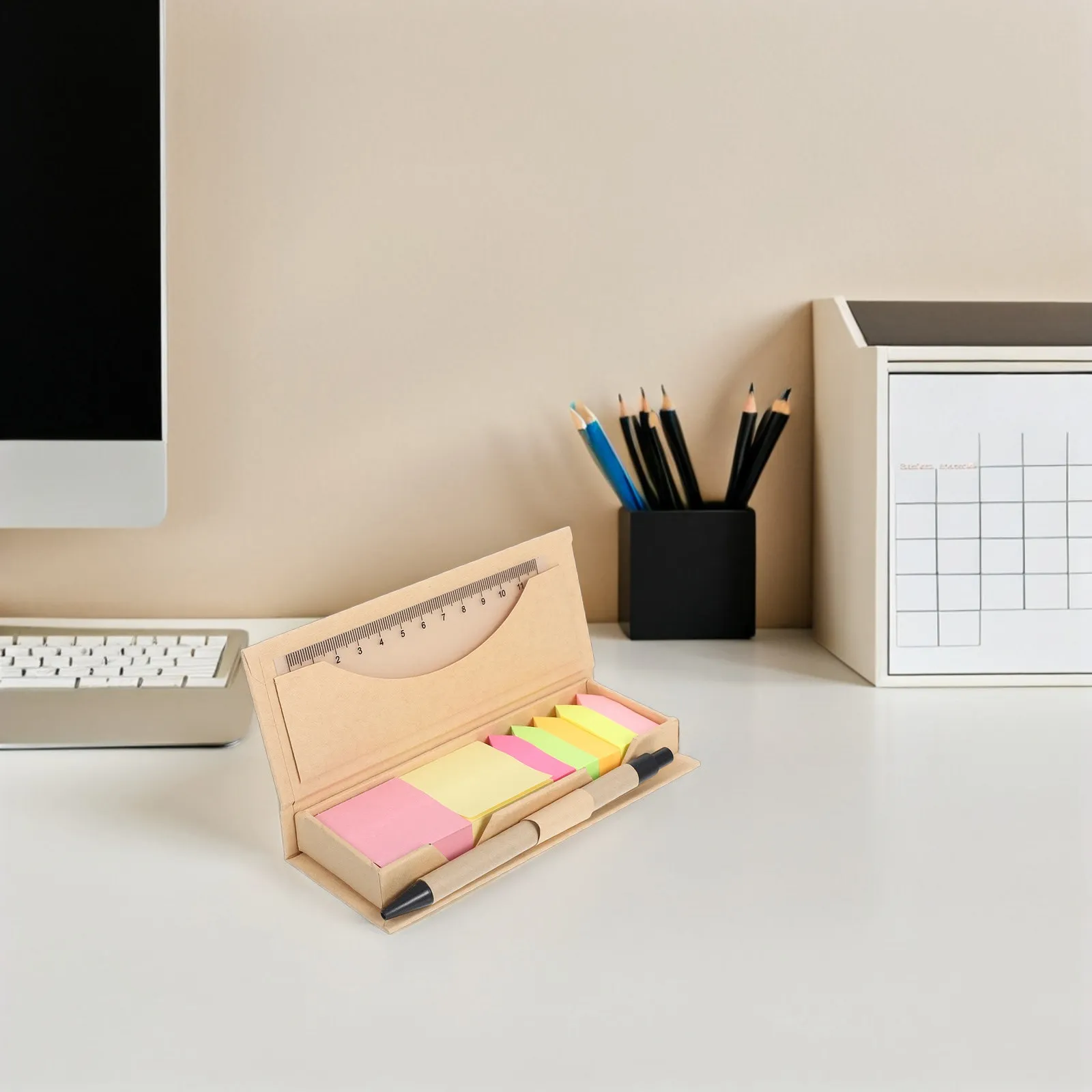 1Set Rectangular Memo Pad Box Bright Colors Self Stick Notes Pack with Built in Ruler Color Coded Page Markers Lined Notepads