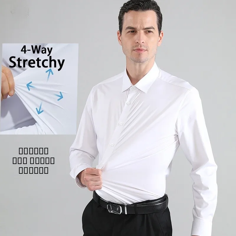 

High Elasticity Men's Shirt Smooth No-iron Muscle Slim Fit Button up Casual Long Sleeve Business Style Pure Color
