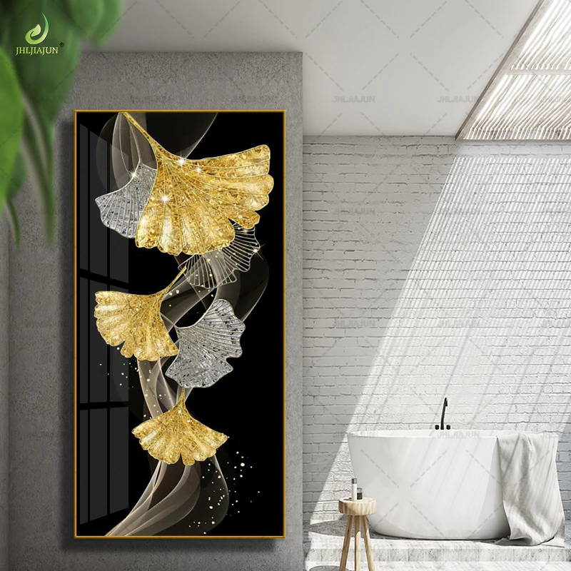 Golden plant ginkgo leaves high glossy porcelain crystal painting wholesale price high quality printing for wall decoration