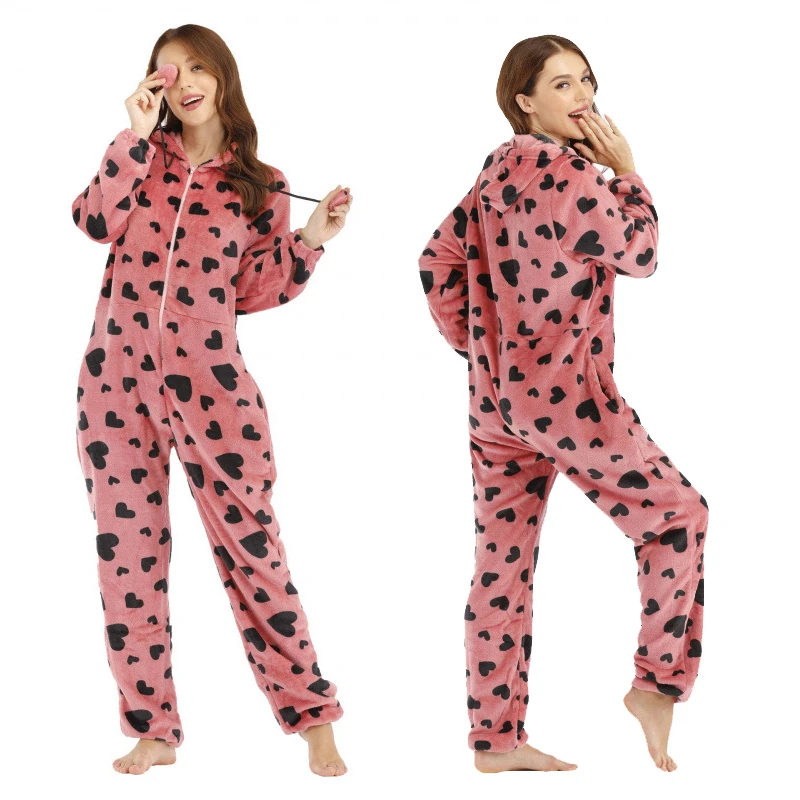 

Women's Heart Print Onesie Jumpsuit Zip Up Pajamas Sleepwear Winter Warm Flannel Pyjama Hooded Homewear One Piece Nightwear