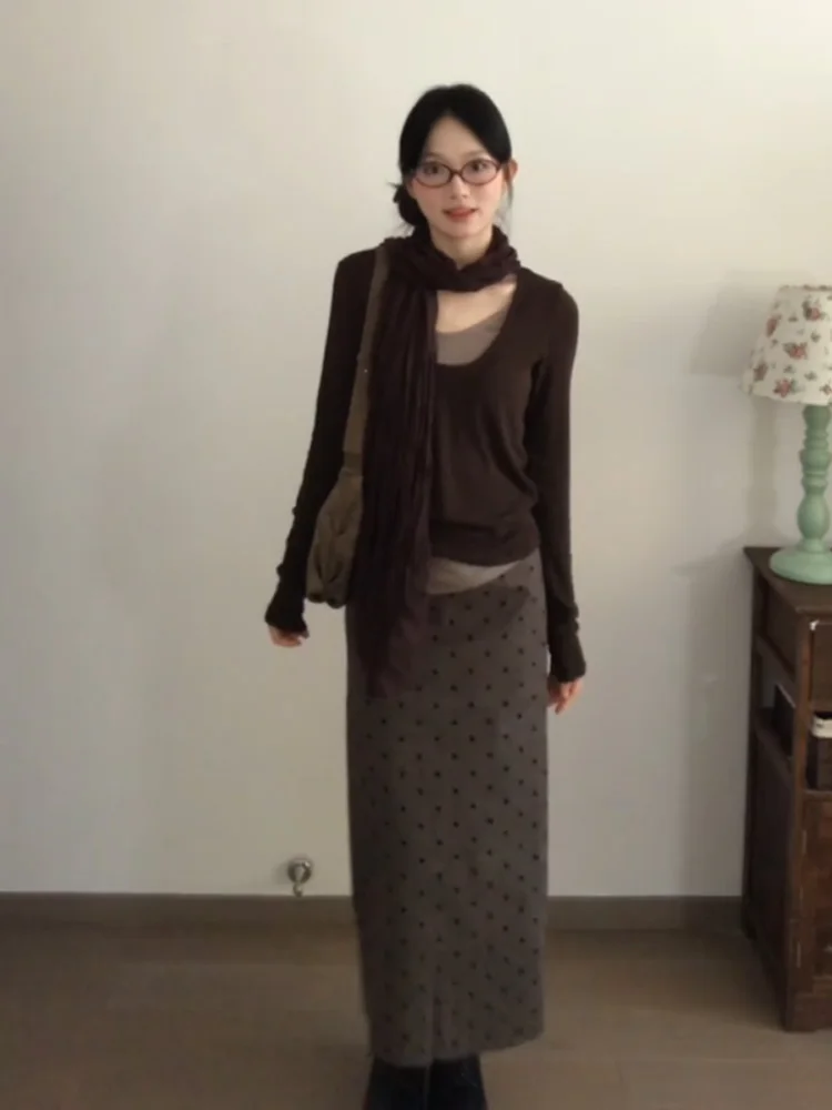 Retro American Splice Color Blo Long Sve T-shirt da donna Autunno Lazy Fit Abbigliamento interno Base irt Top V-ne Lunghezza regolare