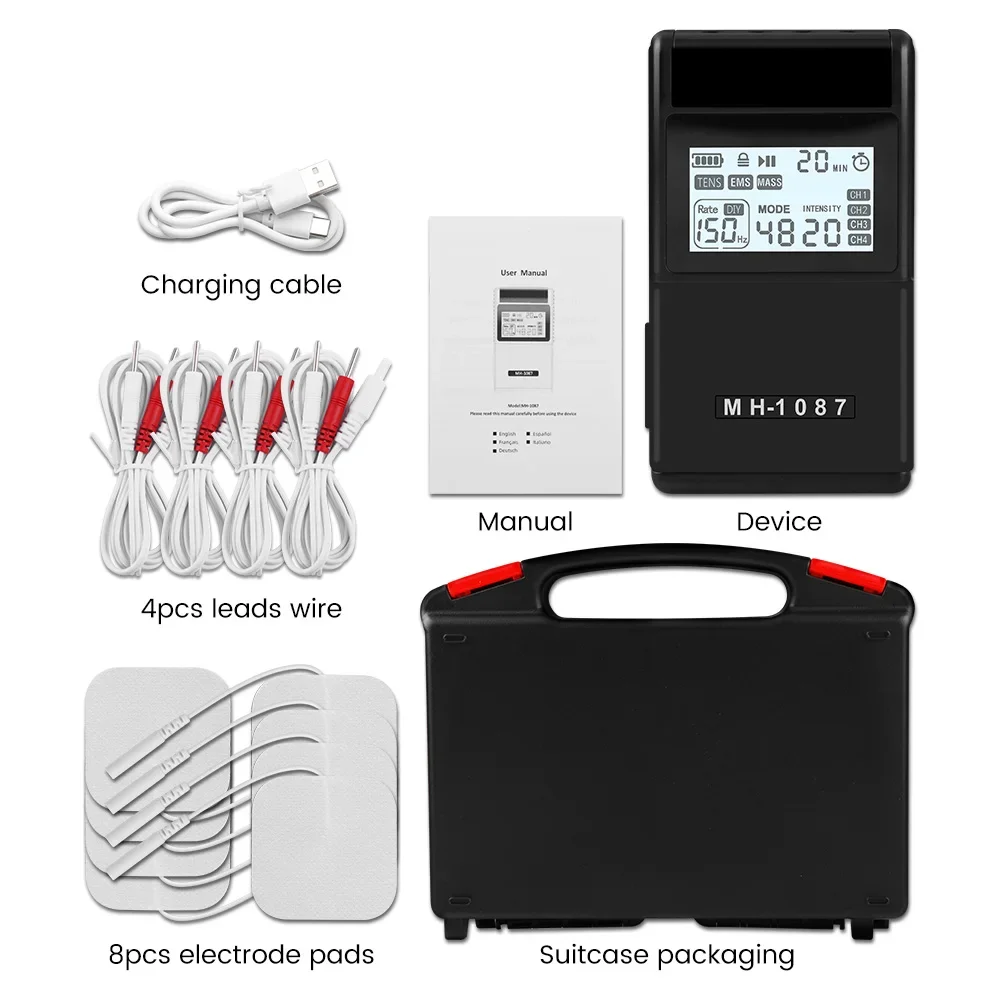 Rechargeable TENS Unit EMS Muscle Stimulator for Back, Shoulder, Leg & Arm Pain Relief - Professional Massage Machine 4-Channel