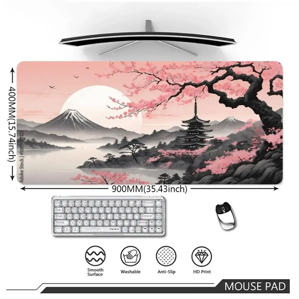 XXL Cherry Blossom Mount Fuji Pagoda Play mat Non-Slip Rubber Base Stitched Edge Large Desk Pad for Office Esports Gaming Gift