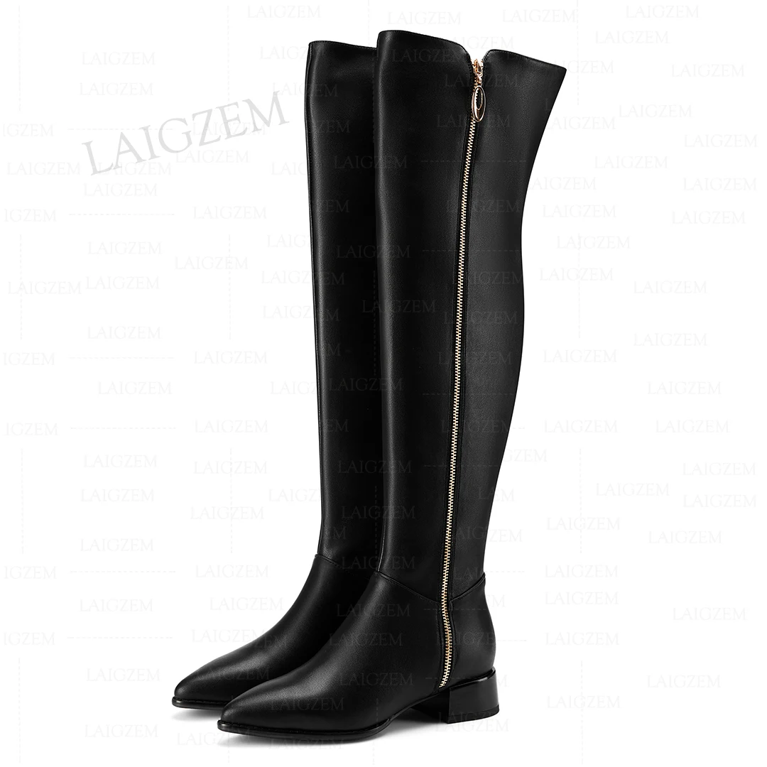 

LAIGZEM Women Over Knee Boots Full Zipper Low Heels Real Leather + Synthetic Boots Ladies Handmade Shoes Woman Big Size 39 43 45