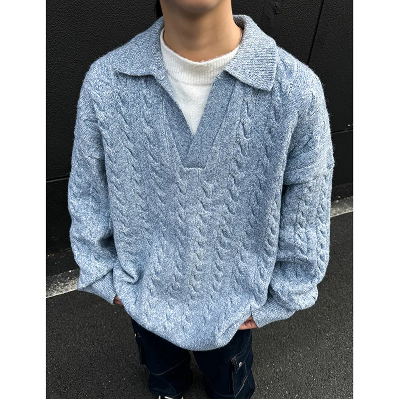 

Winter New Fashion Men’s Solid Color Casual Trendy Turn-down Collar Long Sleeve Simple Basic Knitted Sweater Pullovers Male Tops