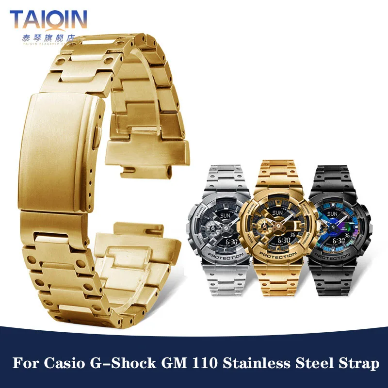 For Casio GM-110 GM 110 Steel Watch Strap G-Shock Small Steel Cannon GM110 Stainless Steel Solid Turtle Buckle Watchband 16mm