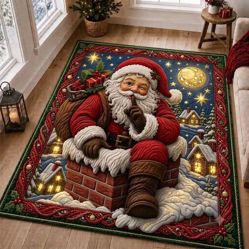 VIKAMA 3D Santa Chimney Wink Rug for Living Room Bedroom, Dirt Resistant Durable Novelty Holiday Area Rug Home Decor