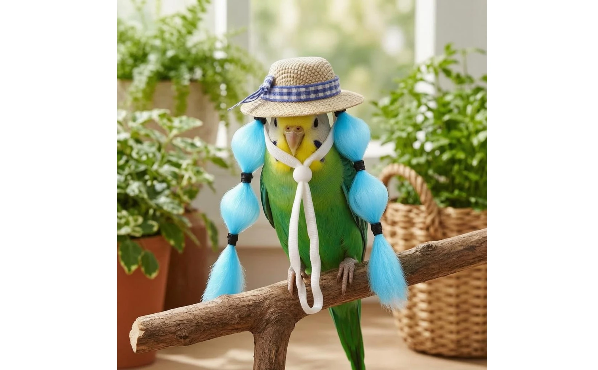 Small Pet Hat Chin Strap Plaid Ribbon Straw Hat Pet Costume Decorative Bead Accent for Birds