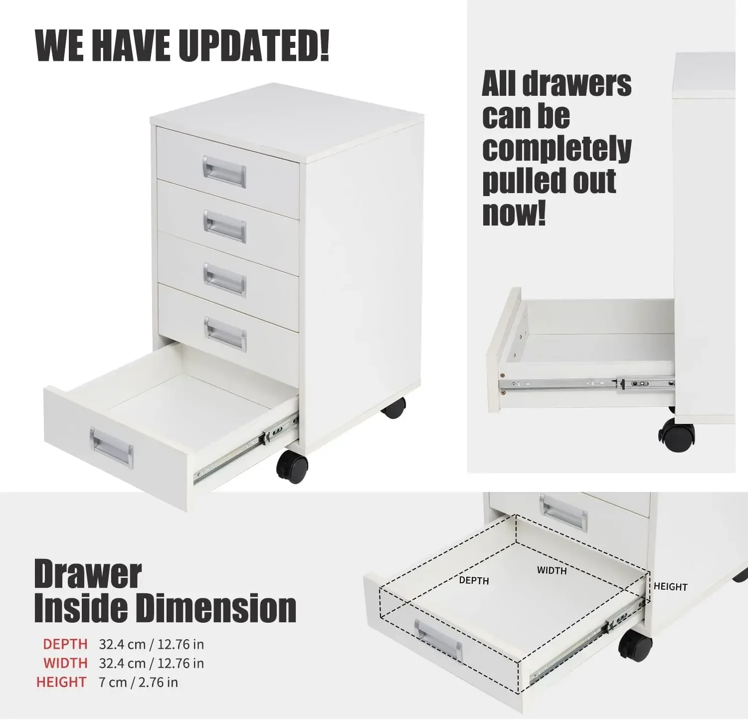 Drawer Mobile Cabinet Fully Assembled Except Casters Built-in Handle (White) Stylish design ease to use and protect your privacy